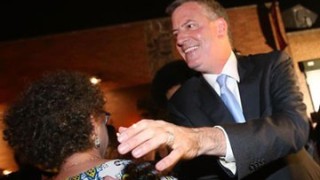 Bill De Blasio arrives at his primary night party in Brooklyn.