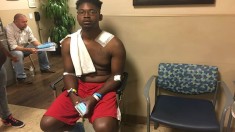 Jonathan Smith sits in the ER after Sunday's mass shooting in Las Vegas.