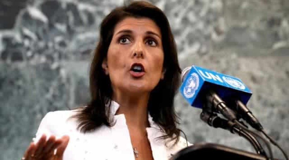 FILE PHOTO: U.S. Ambassador to U.N. Haley speaks at press briefing at U.N. headquarters in New York
