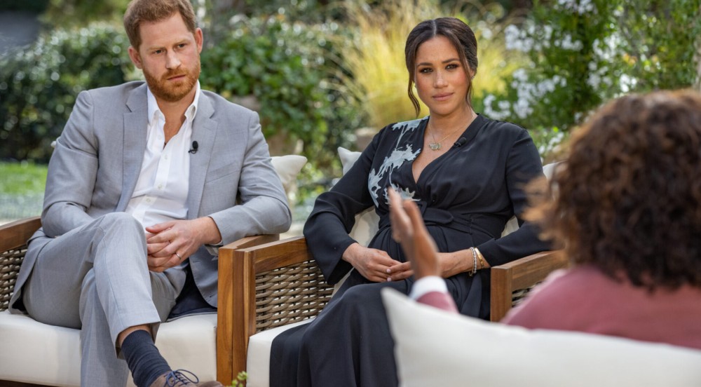 In this handout image provided by Harpo Productions and released on March 5, 2021, Oprah Winfrey interviews Prince Harry and Meghan Markle on A CBS Primetime Special premiering on CBS on March 7, 2021. (Photo by Harpo Productions/Joe Pugliese via Getty Images)