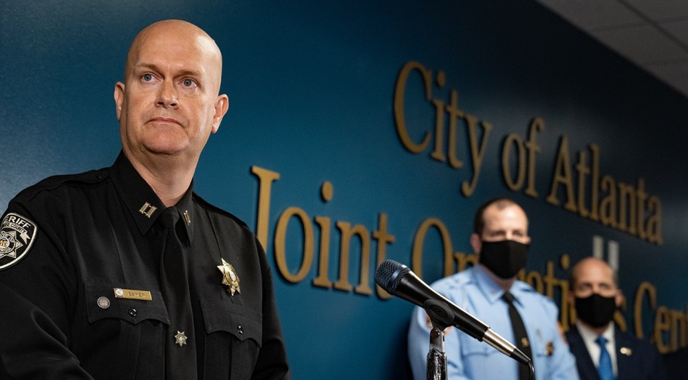 ATLANTA, GA - MARCH 17: Captain Jay Baker, of the Cherokee County Sheriff's Office, speaks at a press conference on March 17, 2021 in Atlanta, Georgia. Suspect Robert Aaron Long, 21, was arrested after a series of shootings at three Atlanta-area spas left eight people dead on Tuesday night, including six Asian women.(Photo by Megan Varner/Getty Images)