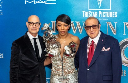 From left: Stanley Tucci (who plays Clive Davis), Naomi Ackie (who plays Whitney Houston) and the music impresario Clive Davis. Image: courtesy of AK47Division.