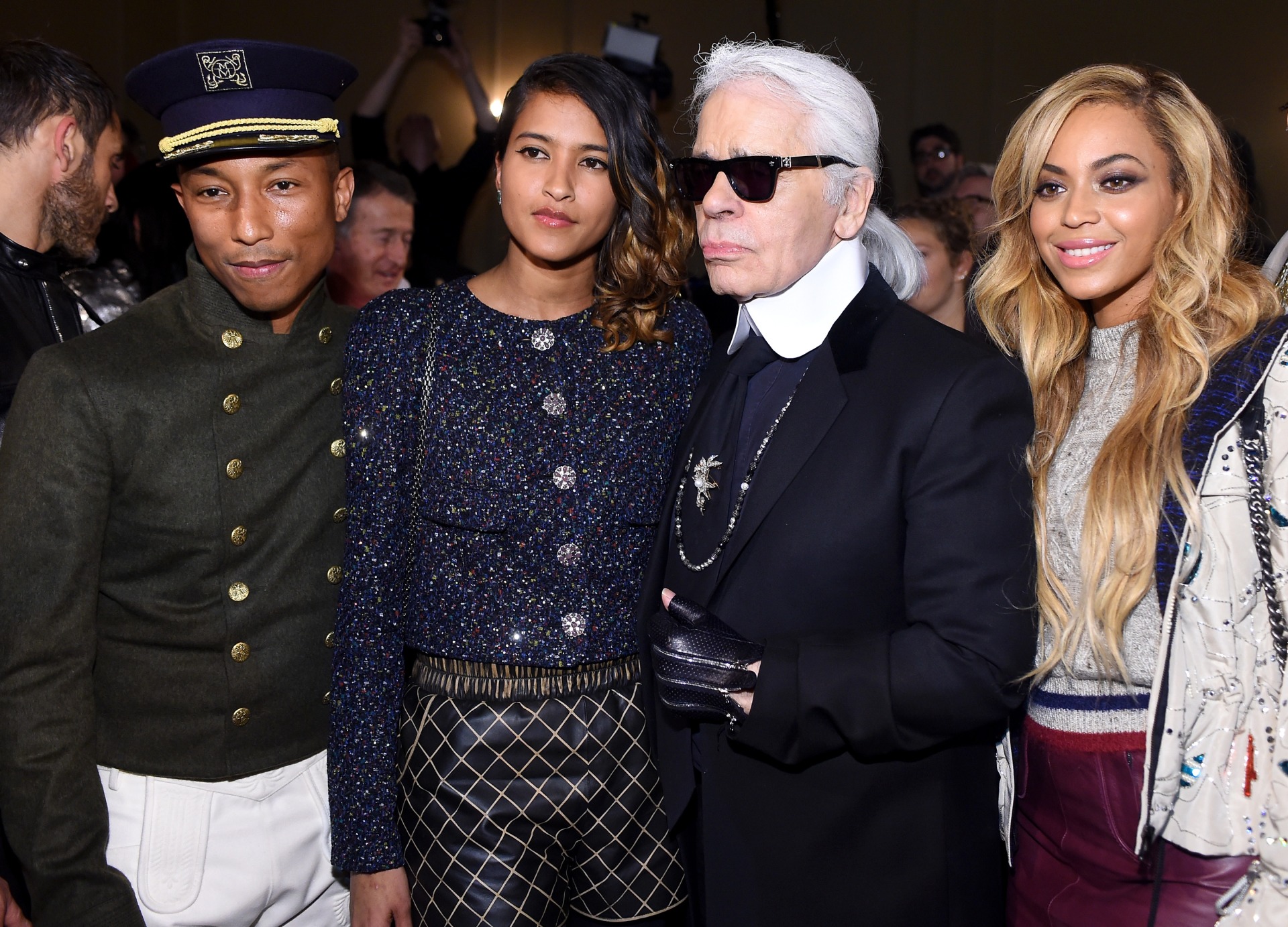 Pharrell Williams, Helen Lasichanh, Chanel Artistic Director Karl Lagerfeld and Beyonce at CHANEL Paris-Salzburg 2014/15 Metiers d'Art Collection in New York City at the Park Avenue Armory on March 31, 2015 in New York City. (Photo by Stefanie Keenan/WireImage)