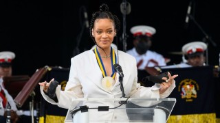 Rihanna speaking to a crowd for Caribbean-American Heritage Month