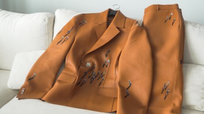 Check out the details of his leather Off-White suit. Image: courtesy of Gold Standard Productions. 