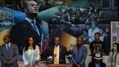 Civil Rights Attorney Ben Crump (C) and Ilyasah Shabazz (2nd L) attend a press conference in New York on July 25, 2023, to discuss developments in the murder of her father, civil rights leader Malcolm X. Crump revealed new evidence in the February 21, 1965, assassination of Malcolm X. (Photo by Ed JONES / AFP) (Photo by ED JONES/AFP via Getty Images)