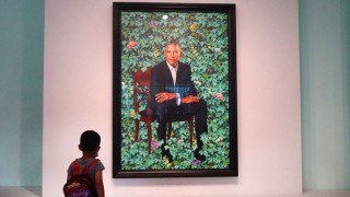 "The official portrait of former president Barack Obama by Kehinde Wiley"