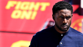 Los Angeles, California August 23, 2023-Former USC running back Reggie Bush speaks to the media ay the Coliseum Wednesday during a press conference to get his Heisman Trophy back. (Wally Skalij/Los Angles Times)