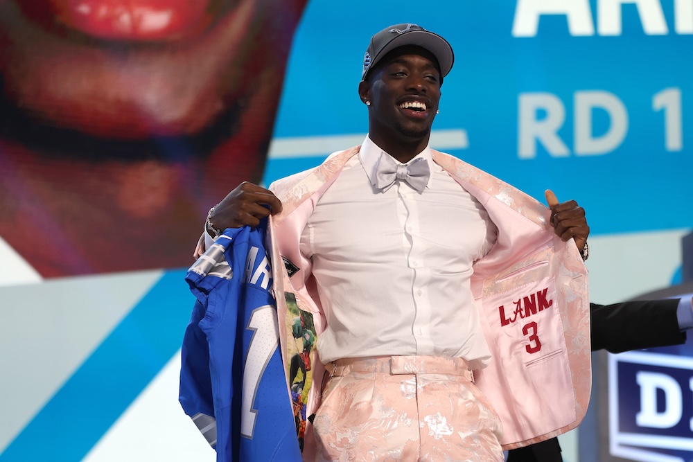 Terrion Arnold celebrates after being selected 24th overall by the Detroit Lions during the first round of the 2024 NFL Draft at Campus Martius Park and Hart Plaza on April 25, 2024 in Detroit, Michigan. (Photo by Gregory Shamus/Getty Images)